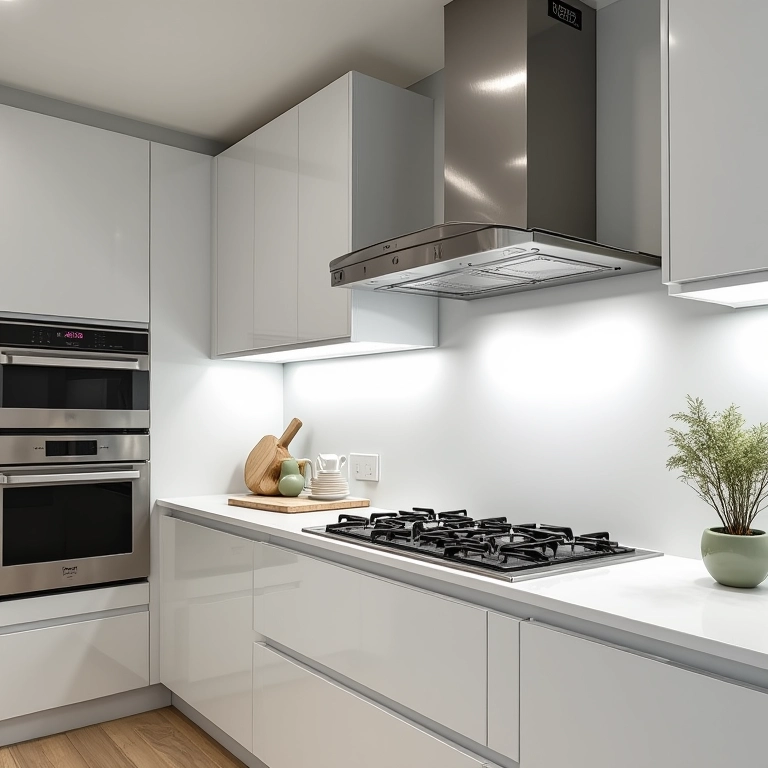 Cozinha elegante com rodameio de cerâmica ou porcelanato.