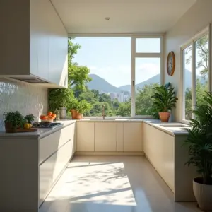Cozinha em L: Como Planejar Para Otimizar o seu Espaço Cozinha em L bem iluminada com design brasileiro e vista para o Rio de Janeiro.