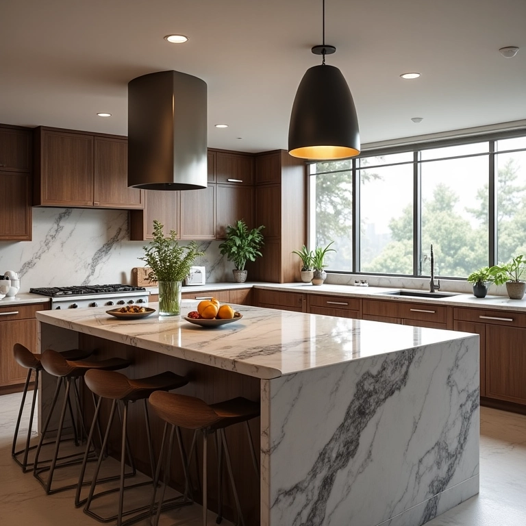 Cozinha em L com bancada espaçosa de granito para preparo de alimentos.