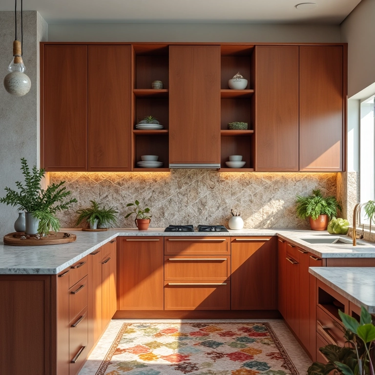 Cozinha em L com cores vibrantes e revestimentos que personalizam o espaço.