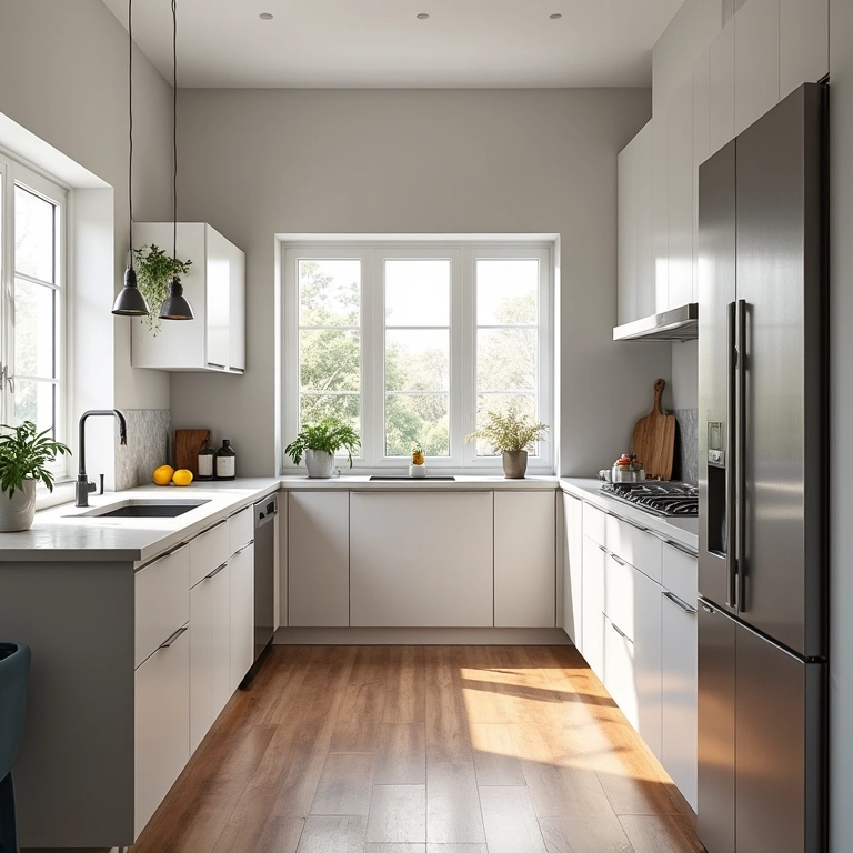 Cozinha em L com o triângulo de trabalho otimizado para funcionalidade.