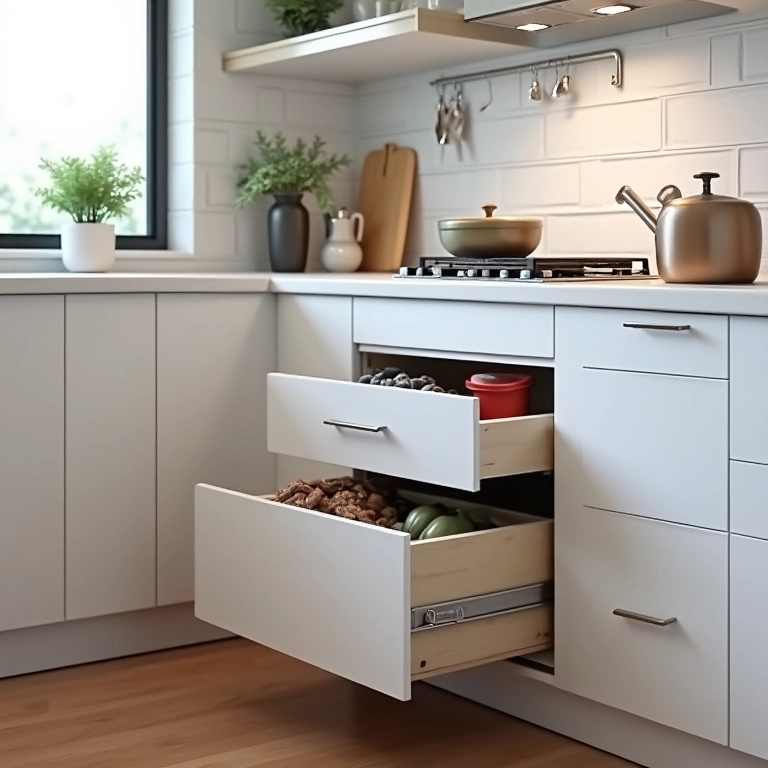 Cozinha em L com soluções de armazenamento inteligente para maximizar o espaço.