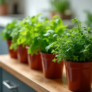 Cozinha ensolarada com diversos temperos frescos plantados em vasos.