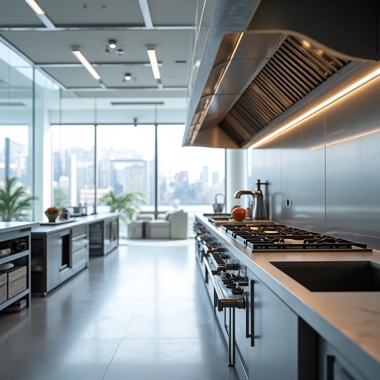 Cozinha industrial com design clean e iluminação natural para um ambiente agradável.