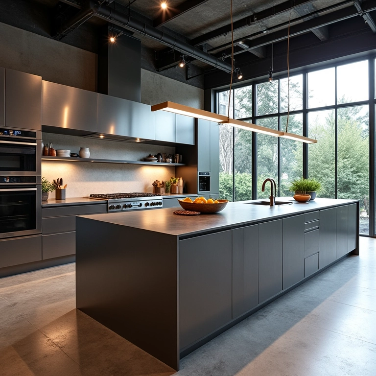 Cozinha industrial com ilha central e acabamentos em inox para otimizar o espaço.