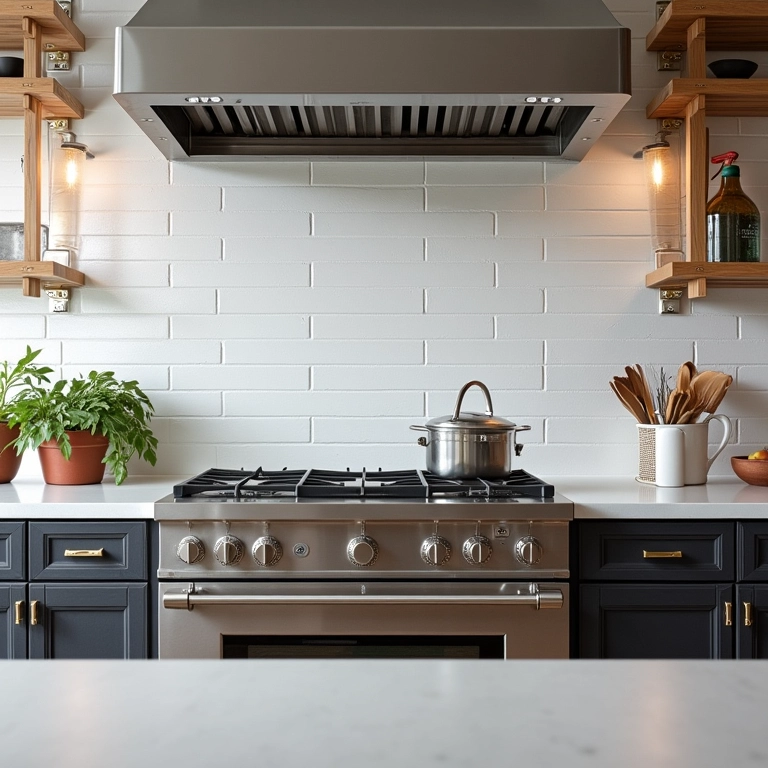 Cozinha industrial com paredes revestidas de cerâmica branca e detalhes em madeira.