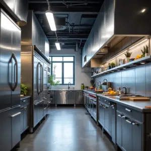 Cozinha industrial moderna em aço inoxidável, seguindo as normas da Anvisa.