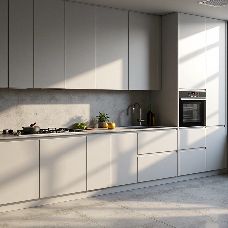 Cozinha minimalista com formas geométricas e bancada de concreto.