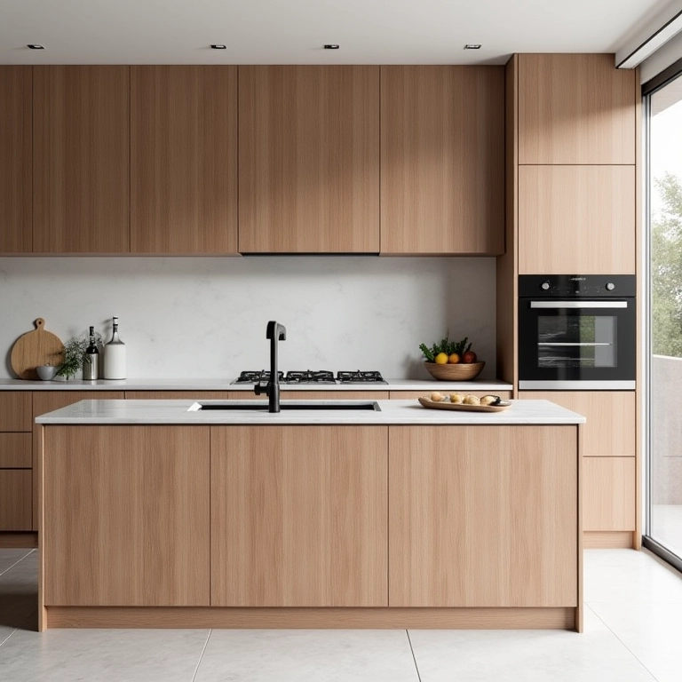 Cozinha moderna com armários de MDF revestidos com ripado.