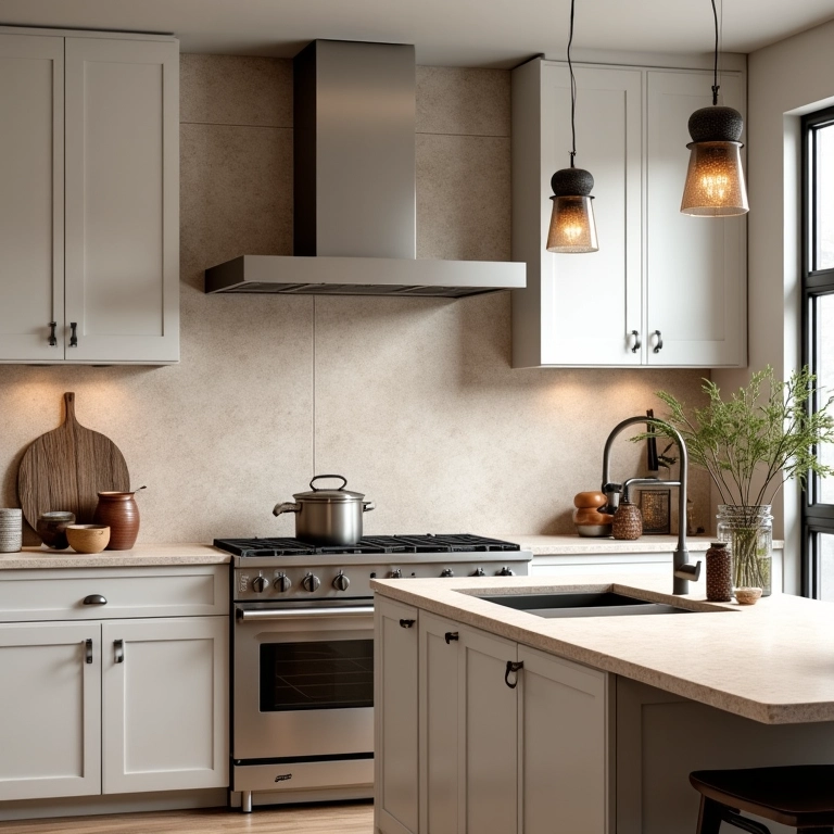 Cozinha moderna com bancadas e backsplash em travertino, combinando funcionalidade e estilo.