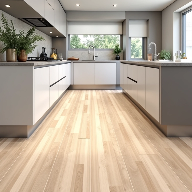 Cozinha moderna com piso laminado resistente à água e fácil de limpar.