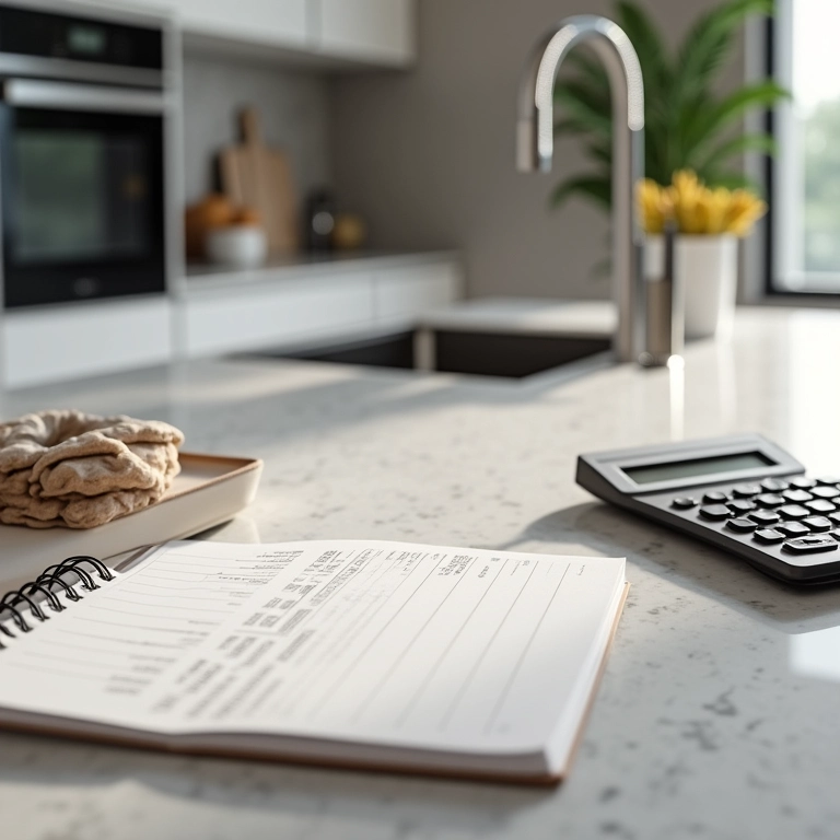 Cozinha moderna com Silestone e elementos de planejamento financeiro.