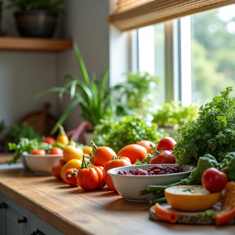 Cozinha organizada com legumes armazenados em potes.