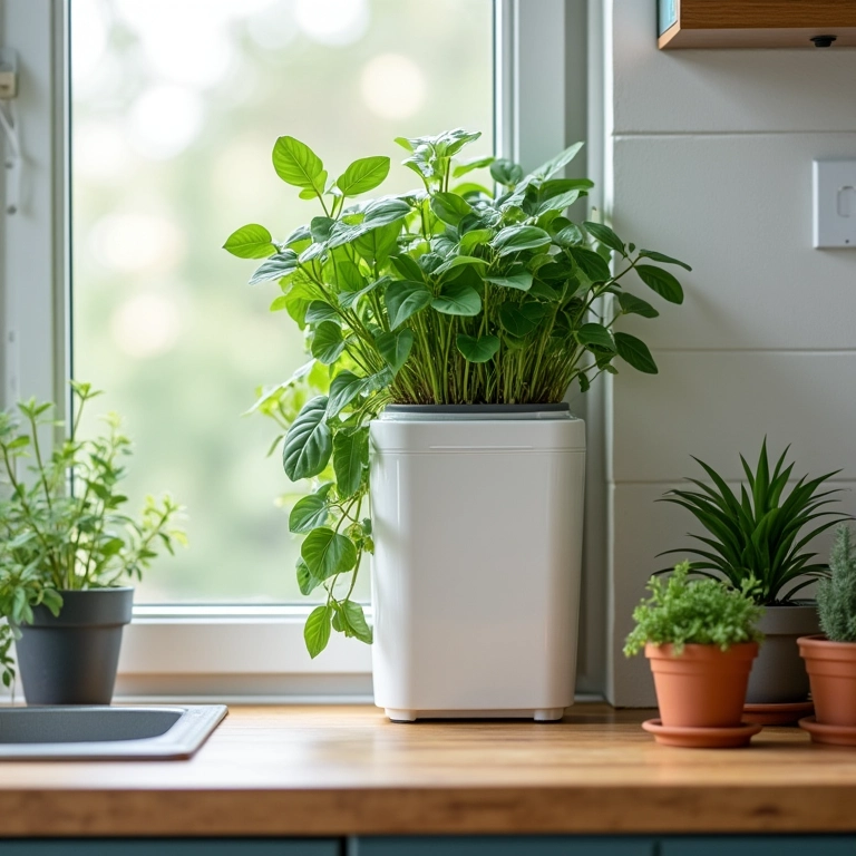 Cozinha pequena com jardim vertical e sistema de irrigação automático.