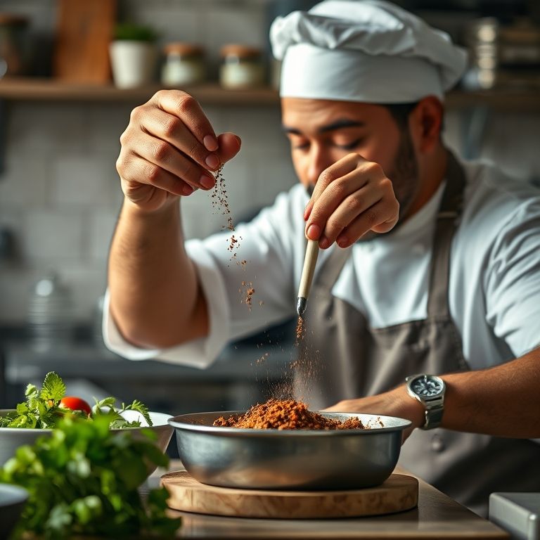 Cozinheiro testando e ajustando receitas de temperos.