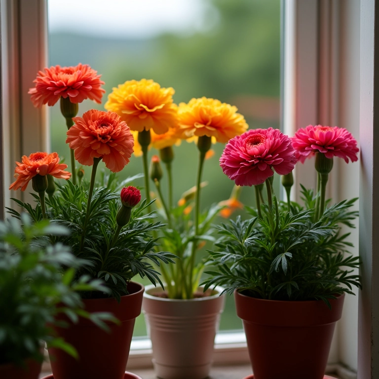 Cravos em vasos decorando uma varanda.