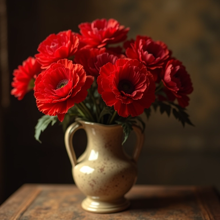 Cravos vermelhos em um vaso vitoriano, evocando história e cultura.