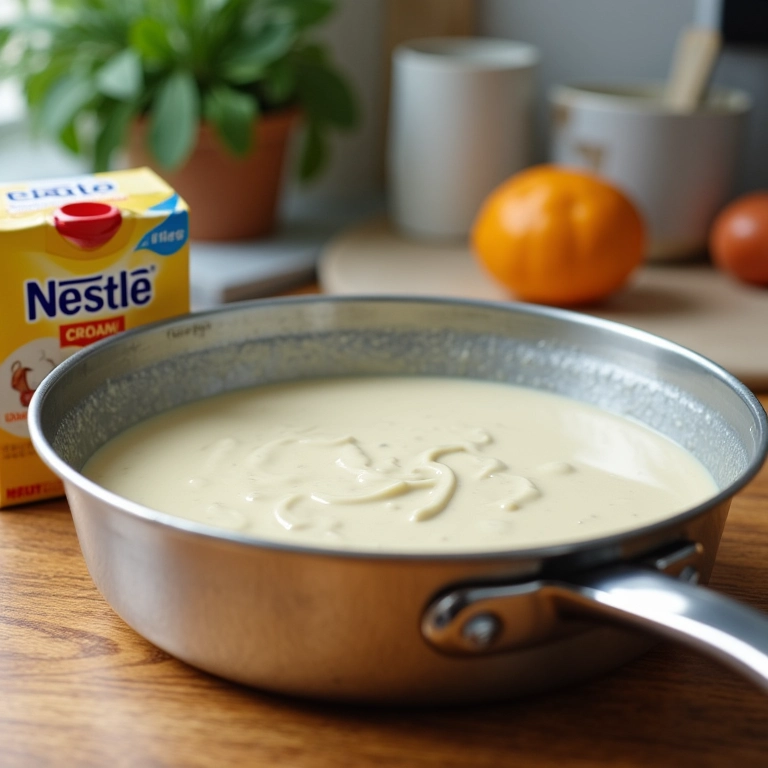Creme de leite Nestlé ao lado de um molho branco pronto para servir.