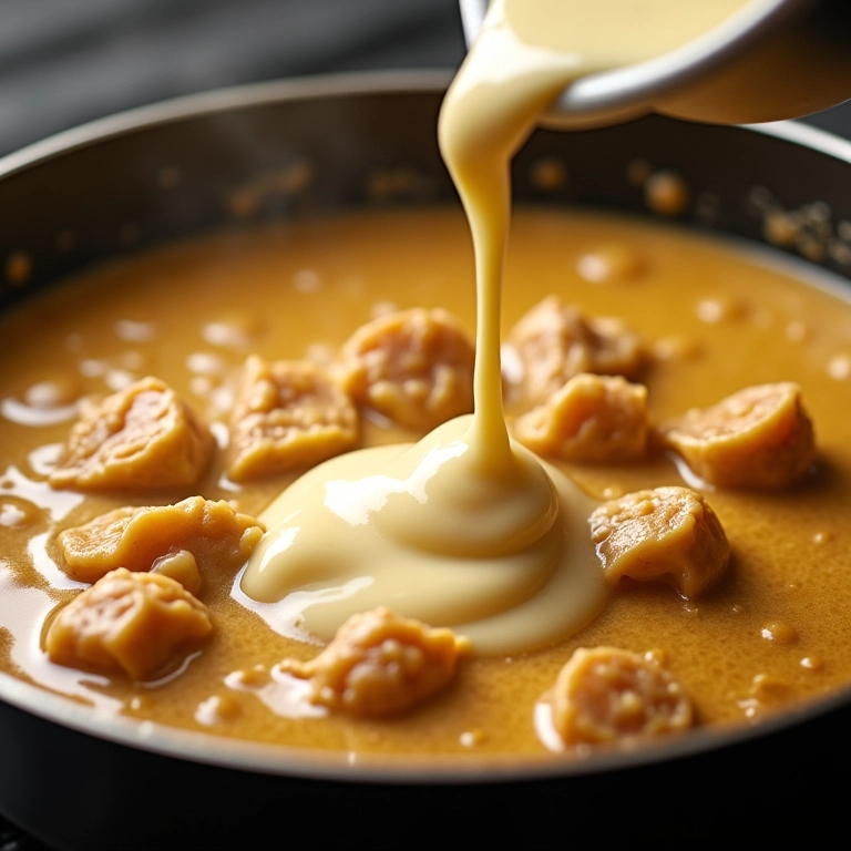 Creme de leite sendo adicionado ao strogonoff, sem ferver.