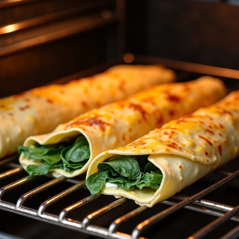 Crepes recheados com ricota e espinafre gratinando no forno.