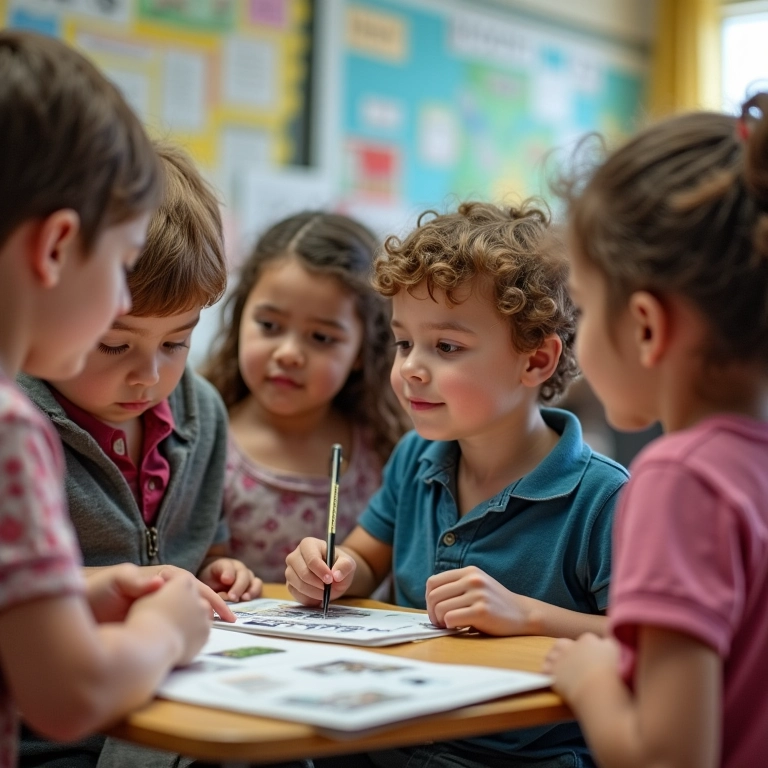 Crianças aprendendo sobre a fauna em sala de aula.