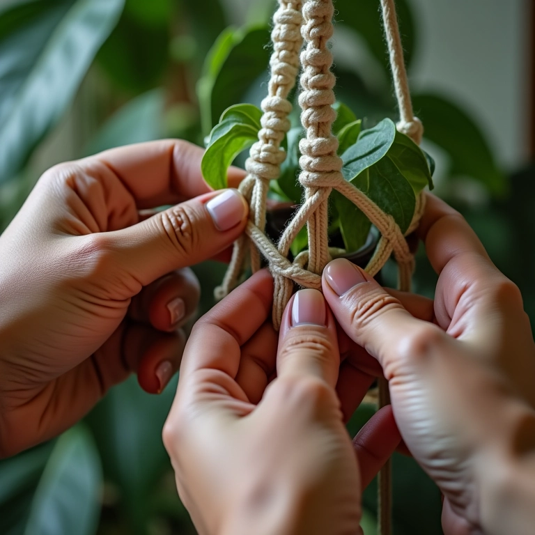 Criando suportes de macramê personalizados com contas e amuletos.