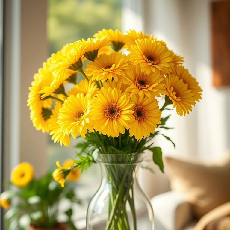 Crisântemos amarelos em um vaso.