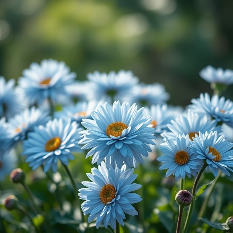 Crisântemos azuis em luz suave.