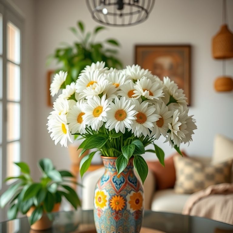 Crisântemos brancos em decoração brasileira.