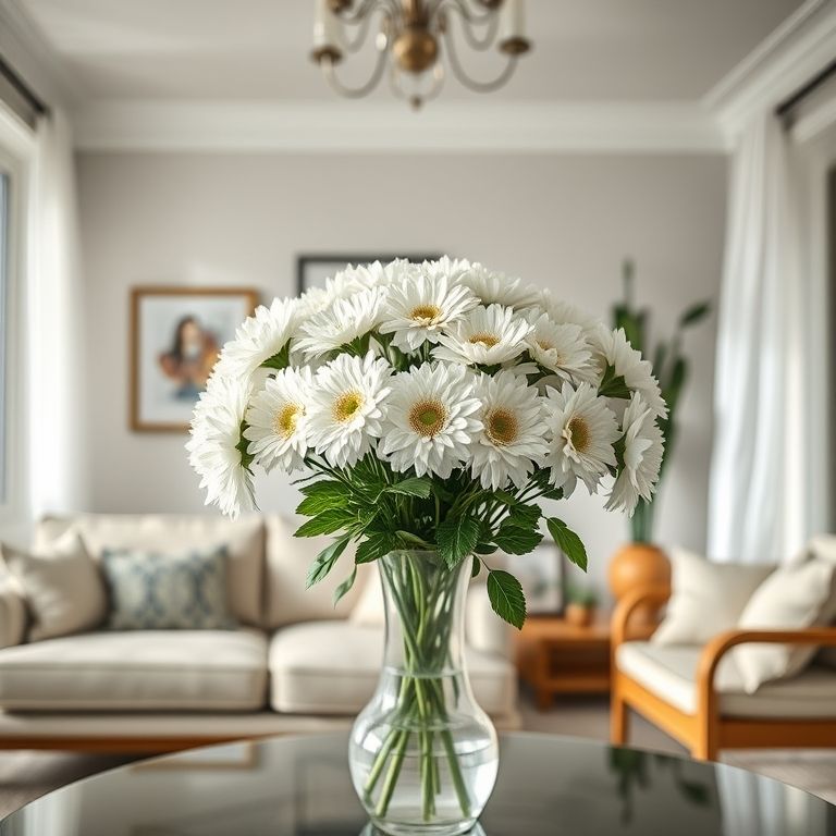 Crisântemos brancos na decoração da sala.