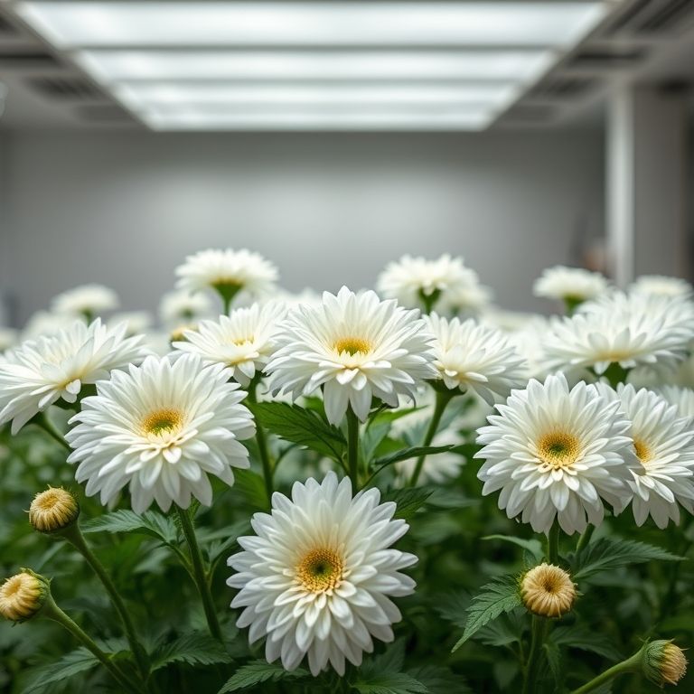 Crisântemos brancos sob iluminação ideal.