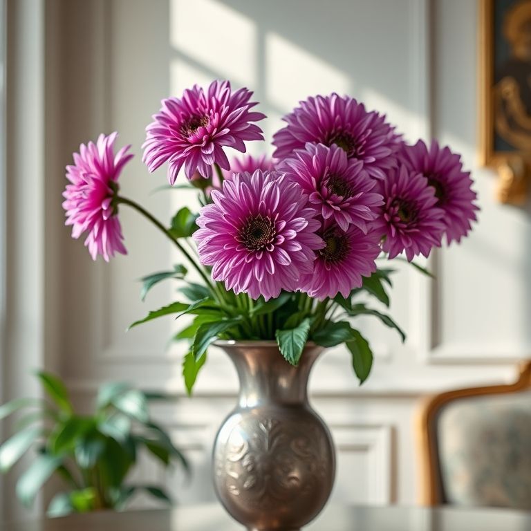 Crisântemos roxos em um vaso elegante.