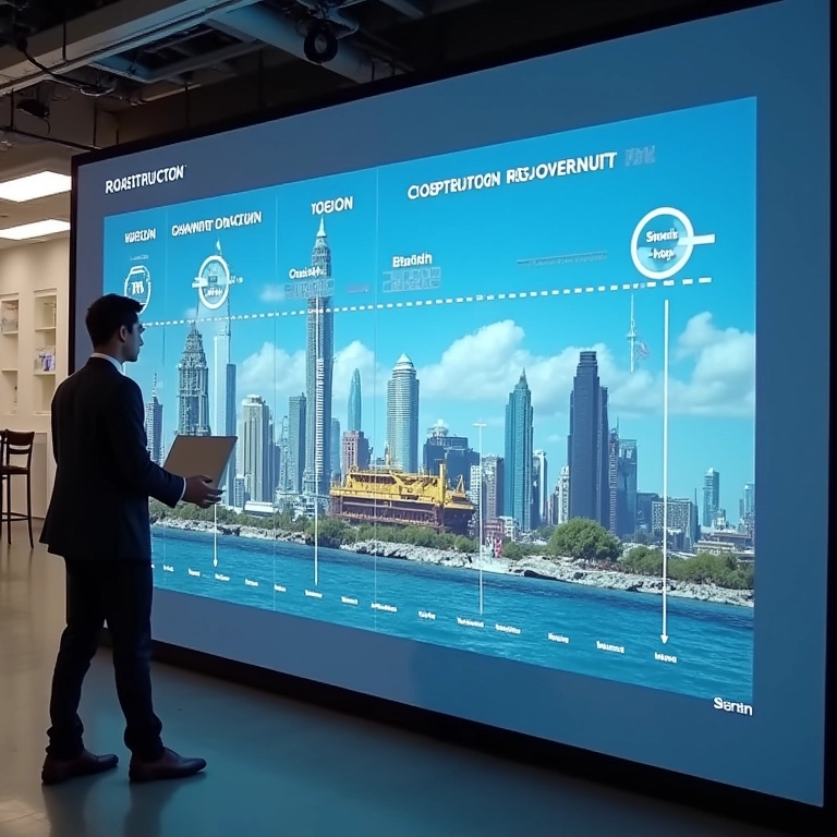 Cronograma de obra exibido em tela grande.