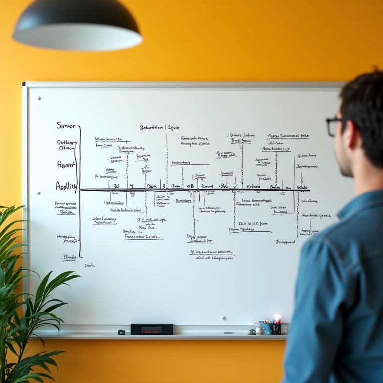 Cronograma de projeto exibido em quadro branco em escritório.