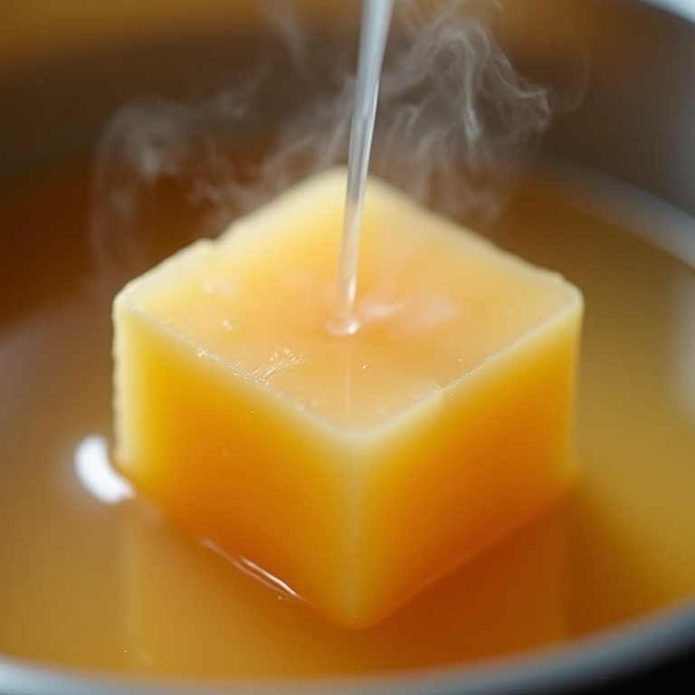 Cubo de caldo de galinha dissolvendo em água quente.