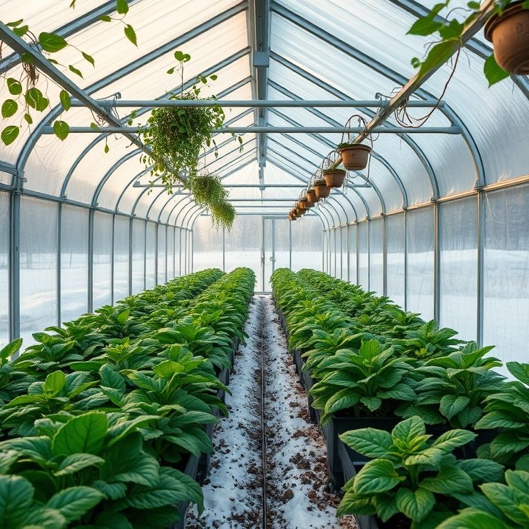 Cultivo em estufa durante o inverno, com plantas prosperando.