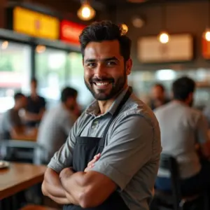 Cumim sorrindo em restaurante movimentado no Brasil