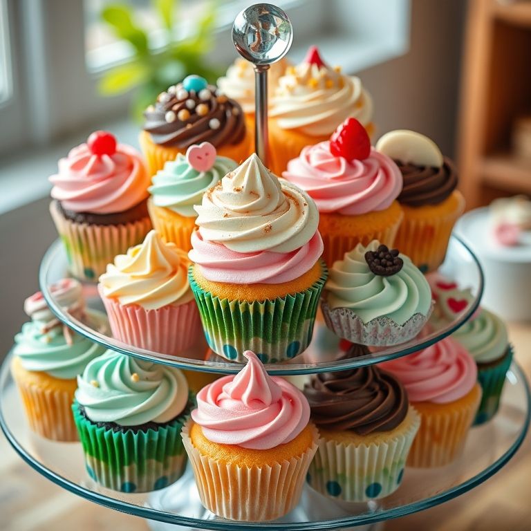 Cupcakes decorados com coberturas e enfeites coloridos.