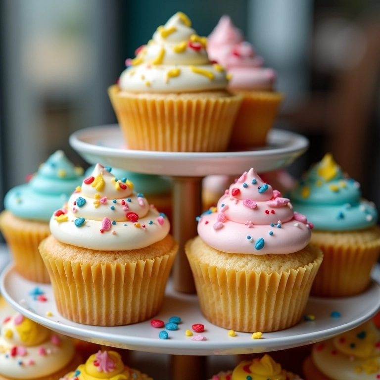 Cupcakes decorados em um suporte de vários andares.