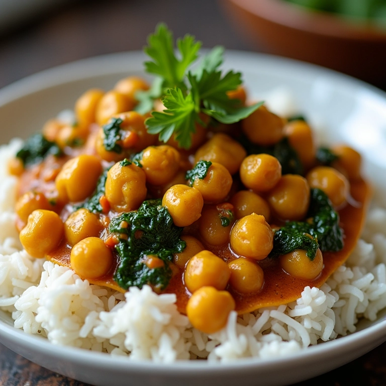 Curry de grão de bico vegetariano com leite de coco, espinafre e especiarias.
