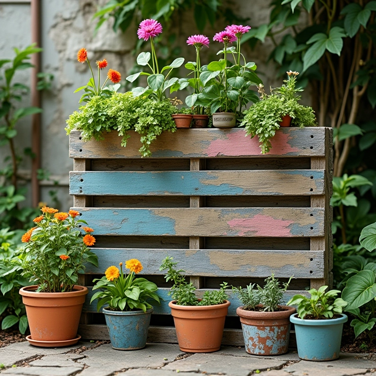 Decoração criativa de jardim vertical de pallet, pallet pintado.