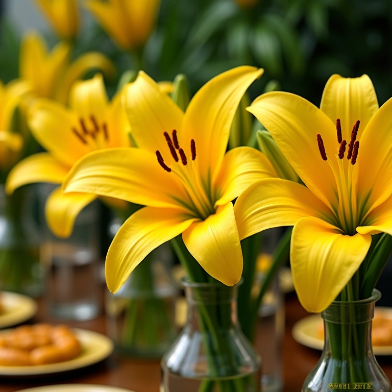 Decoração de festa festiva com lírios amarelos como centros de mesa.