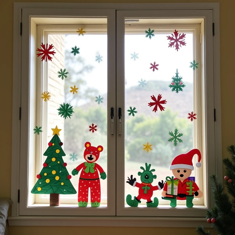 Decoração de janelas com adesivos e recortes de papel em uma casa brasileira.