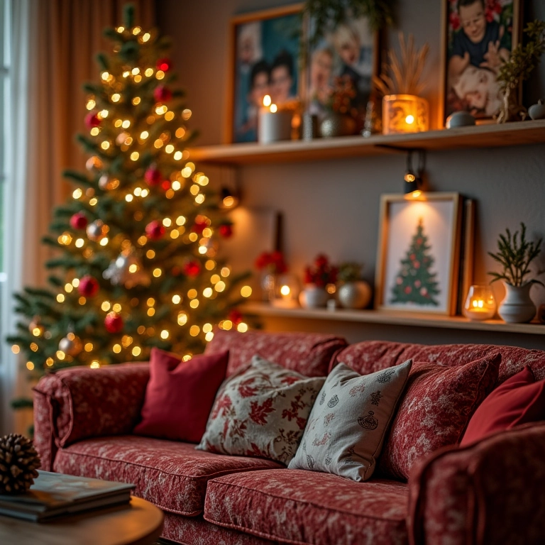 Decoração de Natal com fotos da família em uma sala de estar brasileira.