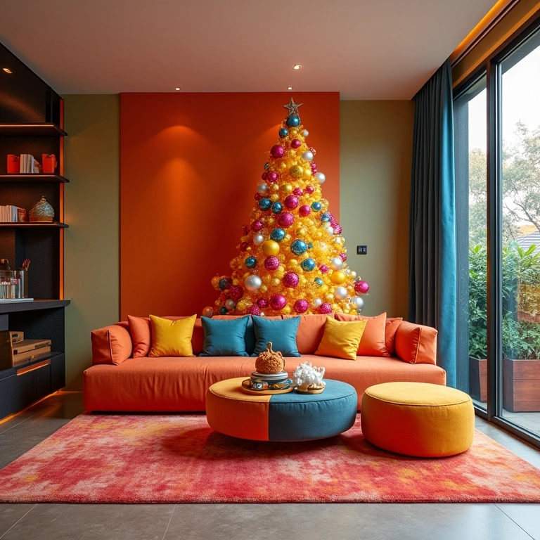 Decoração de Natal moderna com cores vibrantes em um apartamento brasileiro.