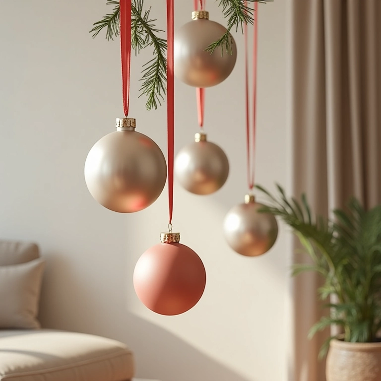 Decoração de Natal simples com bolas e fitas em um apartamento brasileiro.