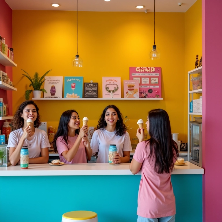 Decoração de sorveteria com cores vibrantes e alegres nas paredes e móveis.