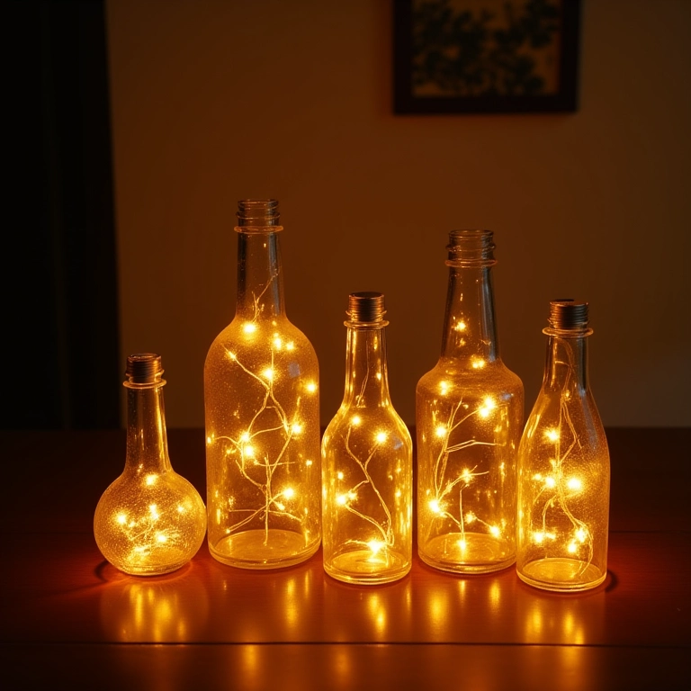 Decoração luminosa de Natal com garrafas de vidro e pisca-pisca em apartamento brasileiro.