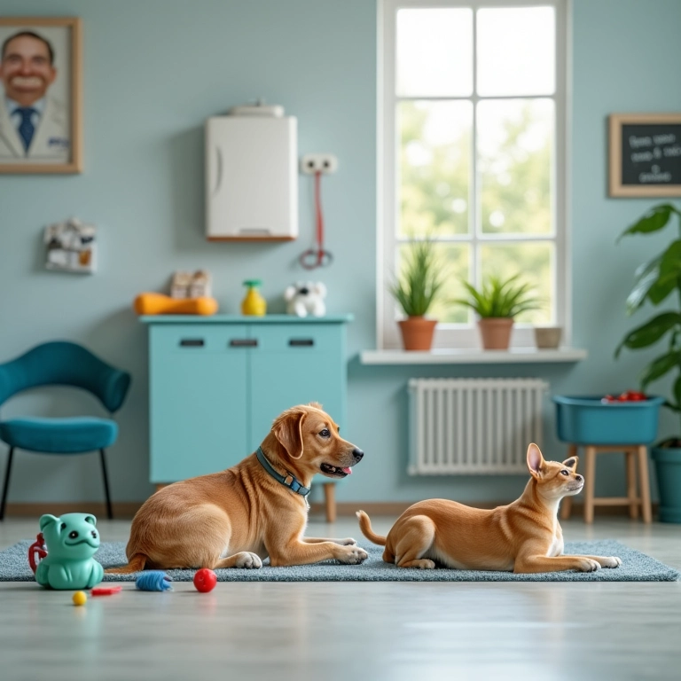 Decoração que acolhe e distrai em hospital veterinário.