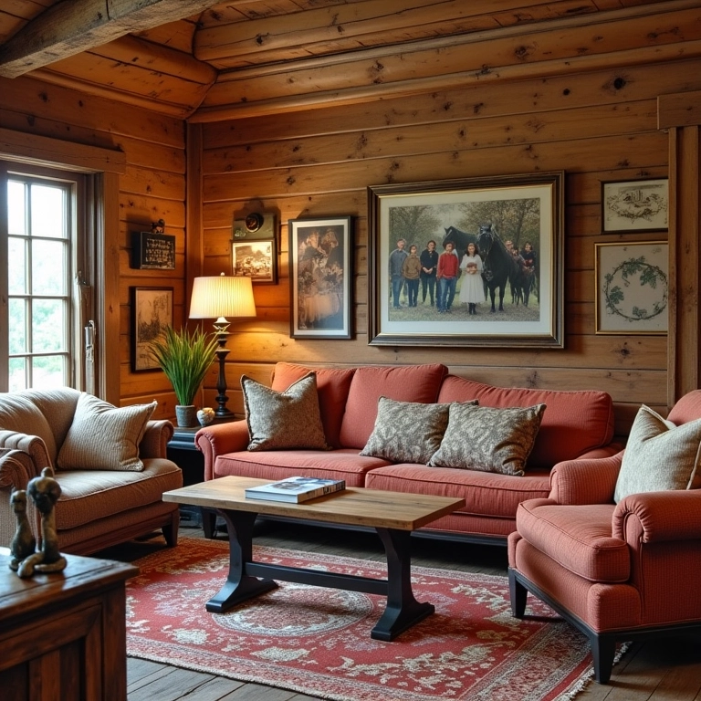 Decoração rancho personalizada: fotos de família, móveis rústicos, cores vibrantes.